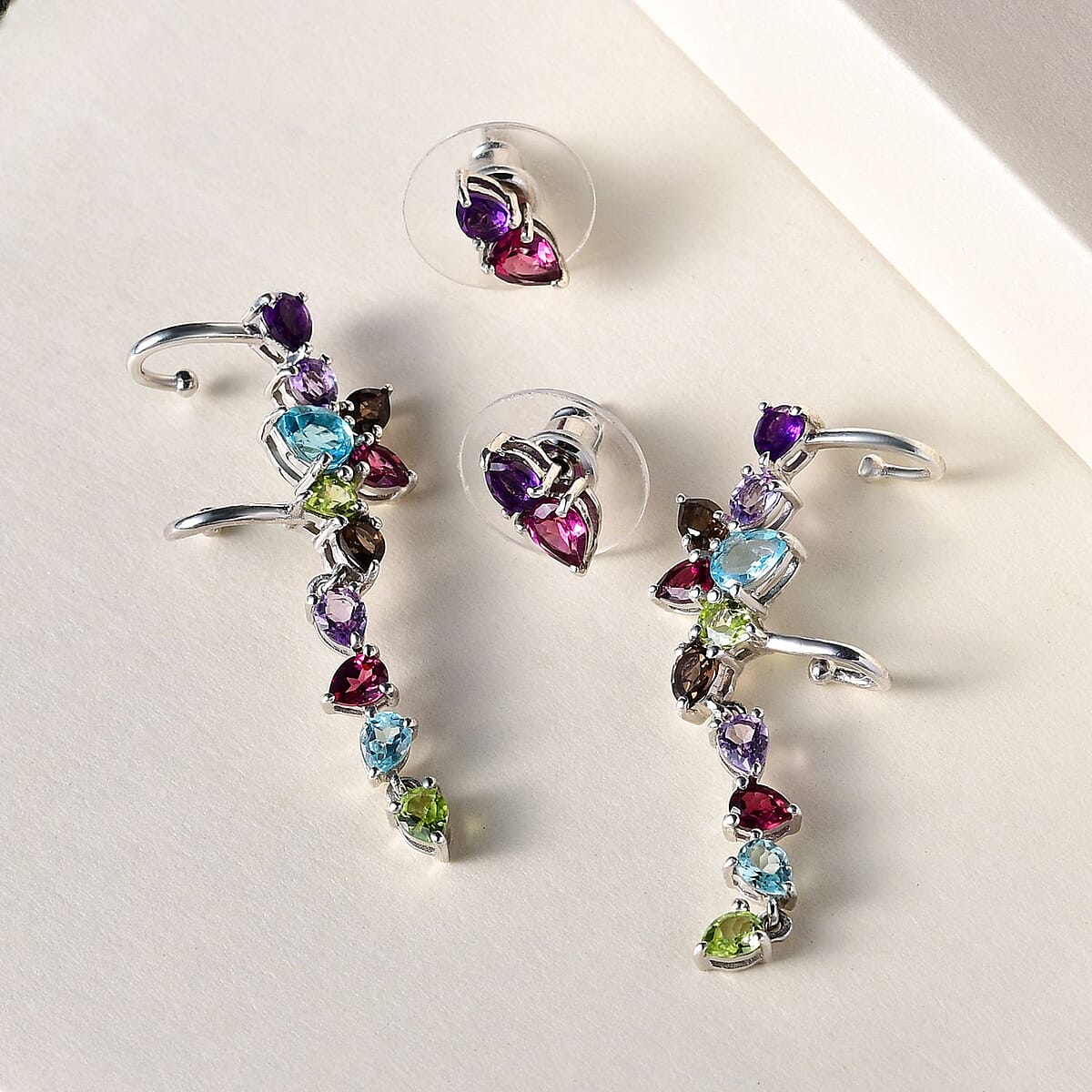 Multi Gemstone Fancy Earcuffs and Earrings Set in Platinum Over Sterling Silver 4.60 ctw image number 1