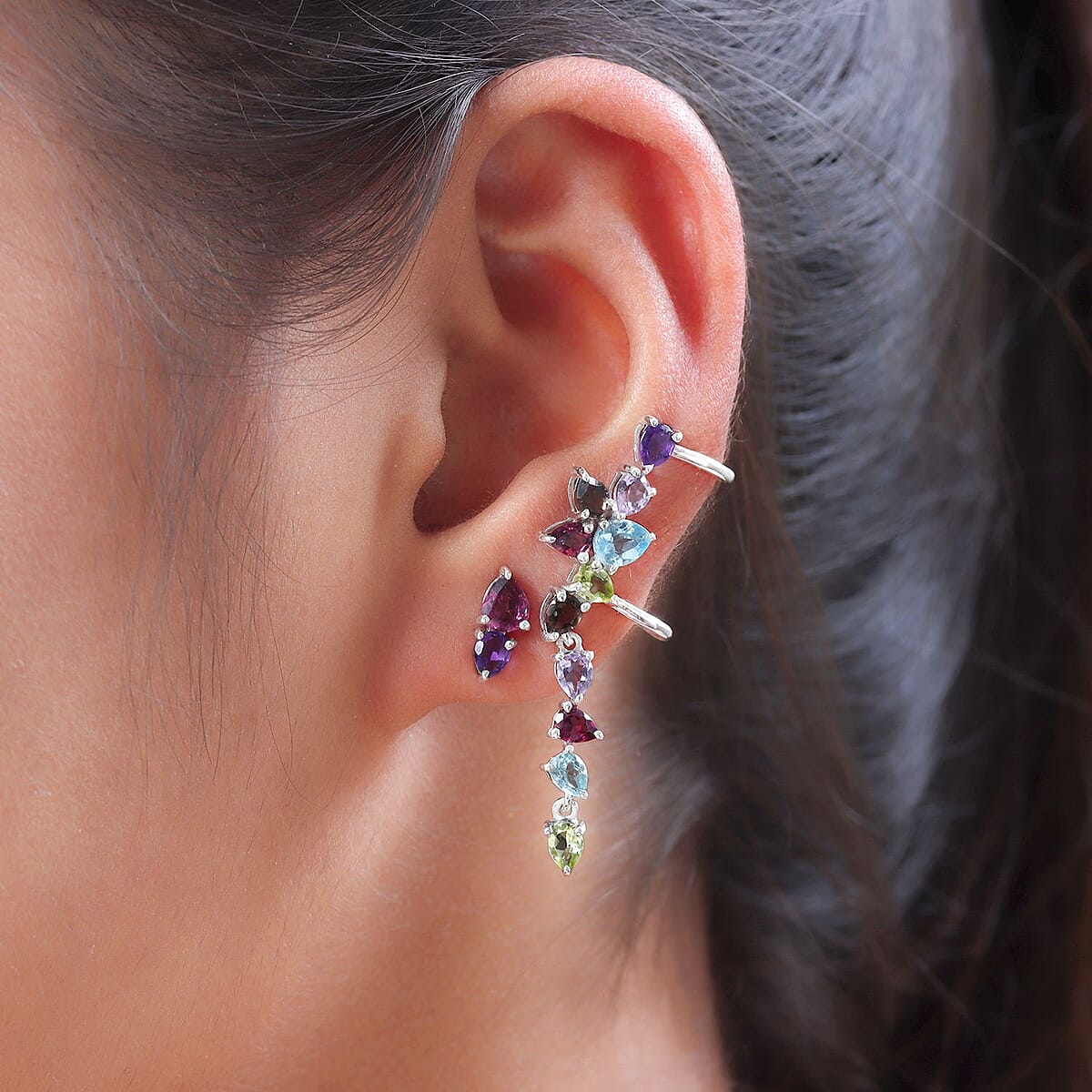Multi Gemstone Fancy Earcuffs and Earrings Set in Platinum Over Sterling Silver 4.60 ctw image number 2