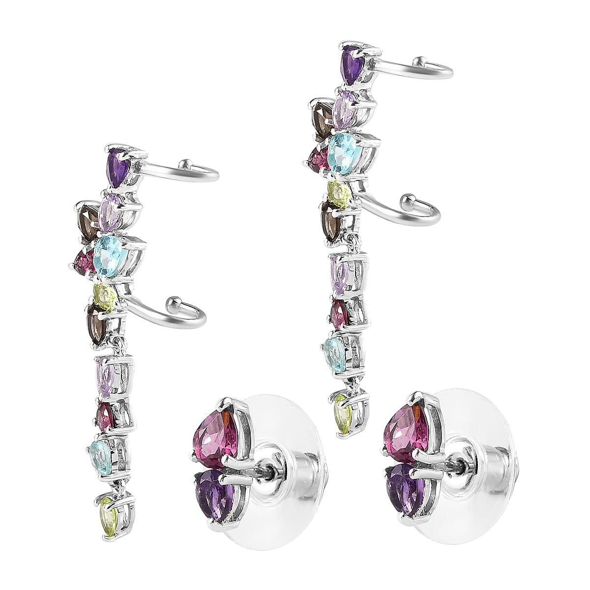 Multi Gemstone Fancy Earcuffs and Earrings Set in Platinum Over Sterling Silver 4.60 ctw image number 4