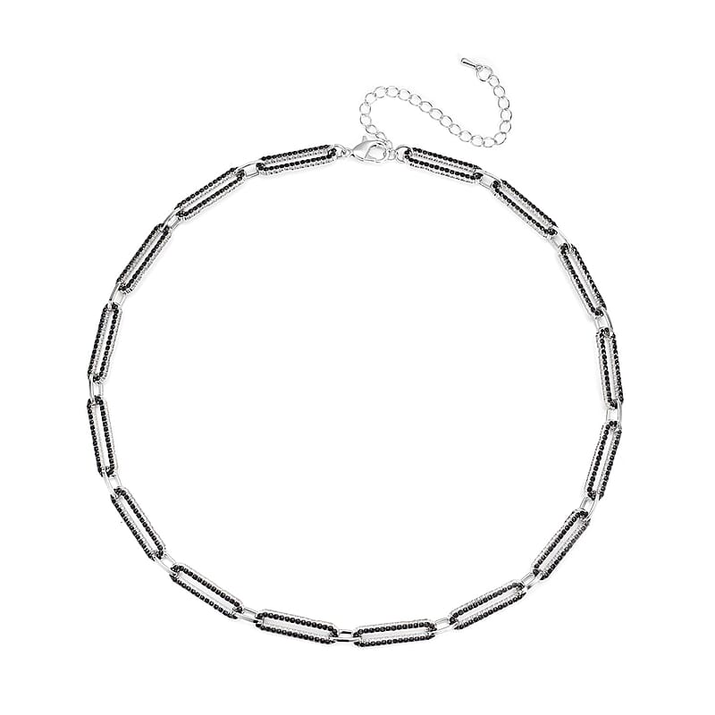 Black Austrian Crystal Paper Clip Chain Necklace in Silvertone (18-22 Inches)