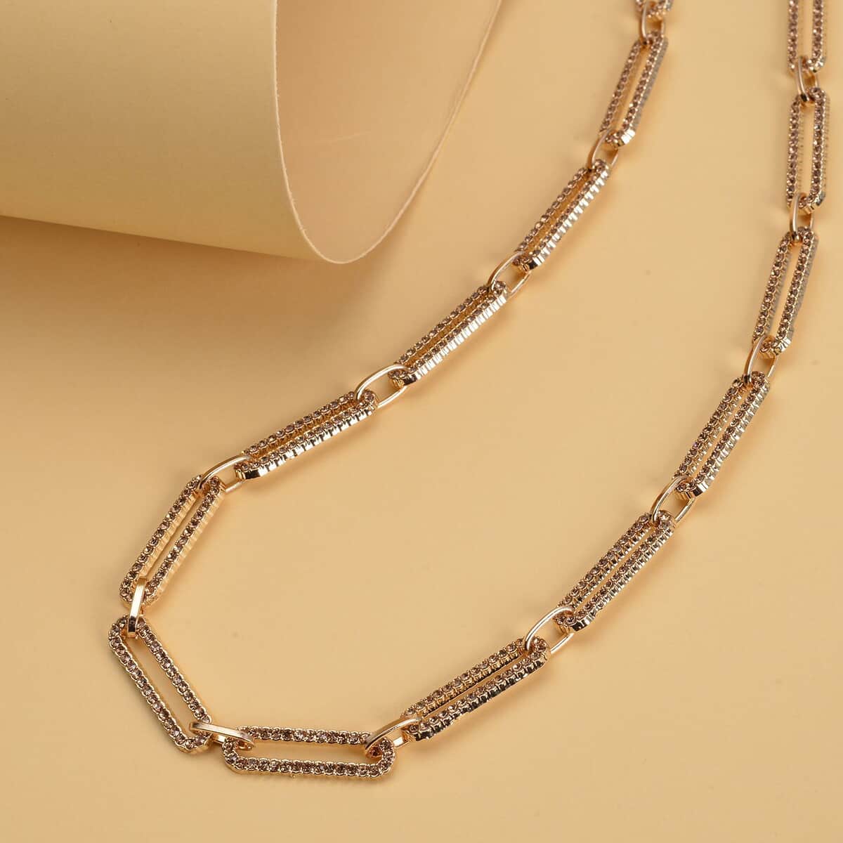 Champagne Austrian Crystal Paperclip Necklace 18-22 Inches in Goldtone image number 1