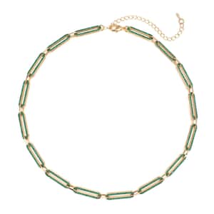 Green Austrian Crystal Paperclip Necklace 18-22 Inches in Goldtone