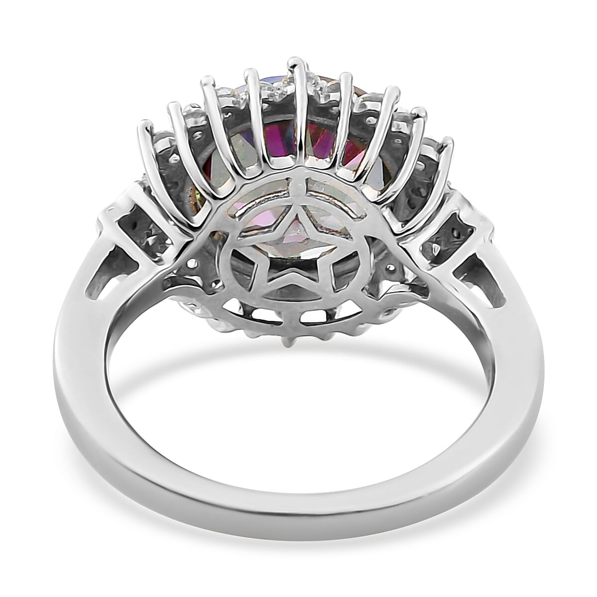 Northern Lights Mystic Topaz and Natural White Zircon Halo Ring in Platinum Over Sterling Silver (Size 10.0) 6.50 ctw image number 4