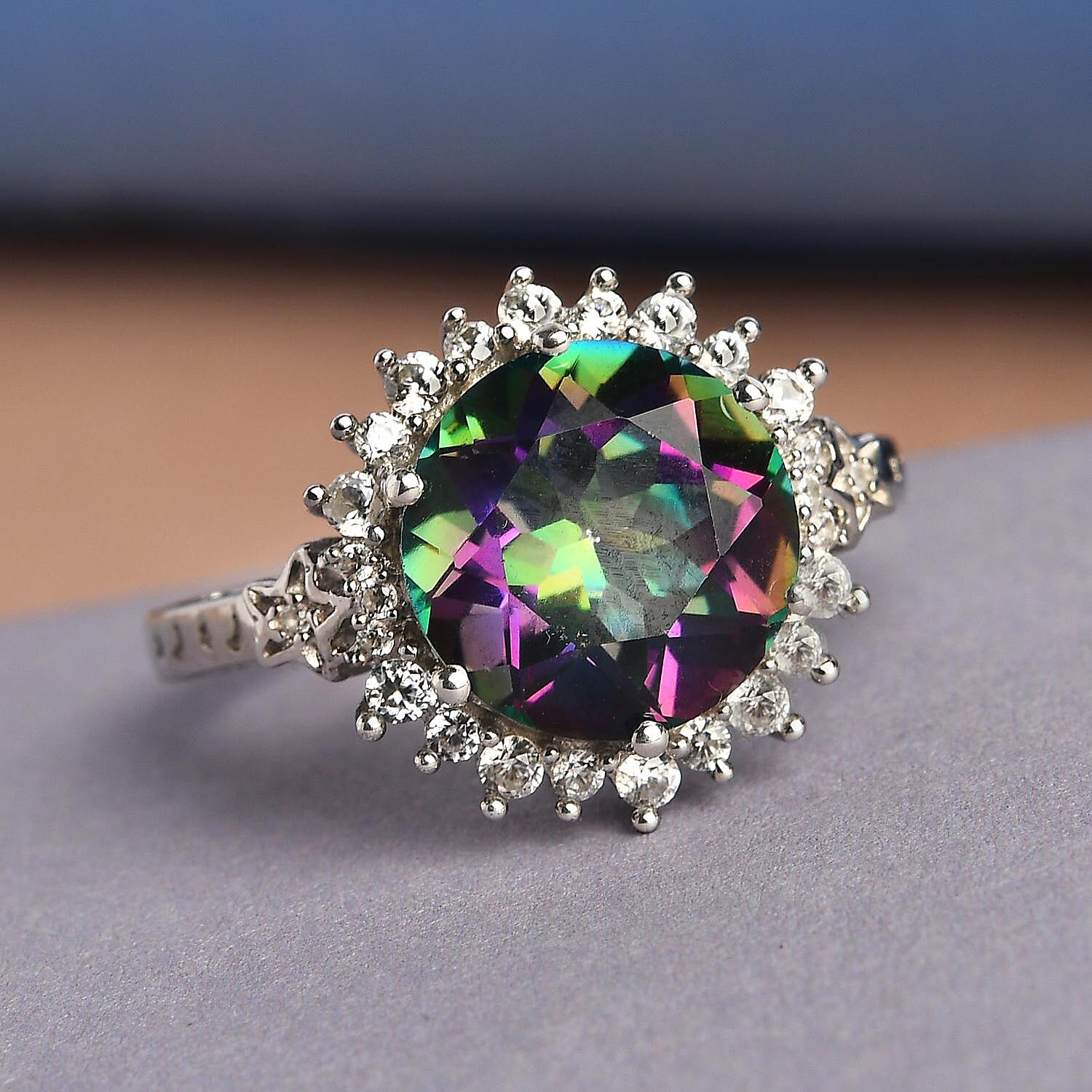Northern Lights Mystic Topaz and Natural White Zircon Halo Ring in Platinum Over Sterling Silver (Size 5.0) 6.50 ctw