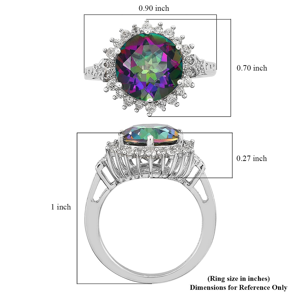 Northern Lights Mystic Topaz and Natural White Zircon Halo Ring in Platinum Over Sterling Silver (Size 5.0) 6.50 ctw