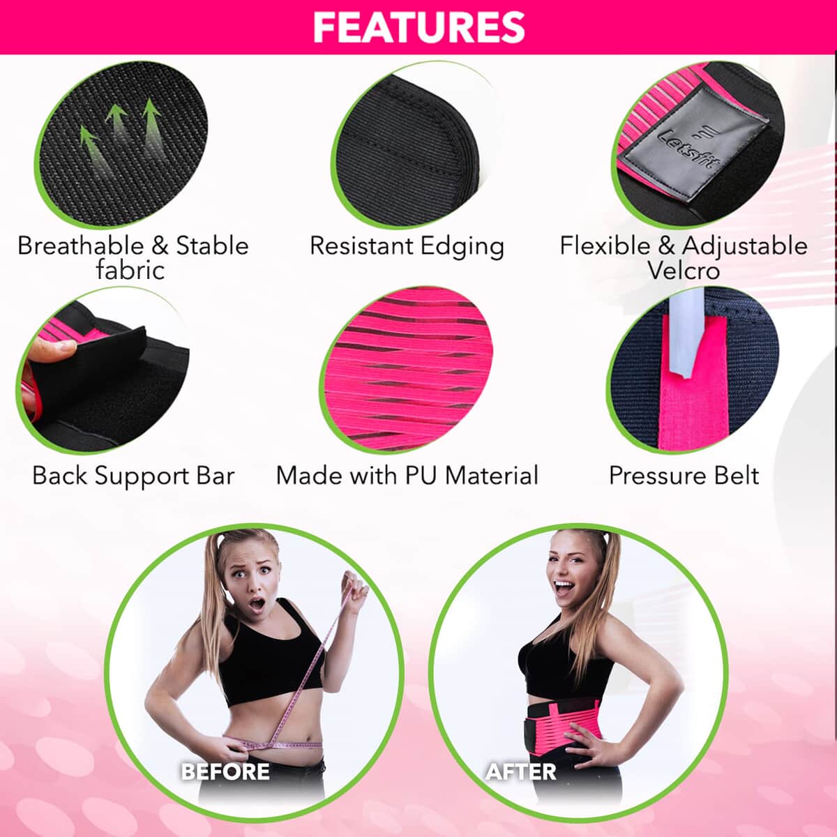 Letsfit Pink Waist Trainer Lumber Support Belt with Measuring Tape - S image number 2
