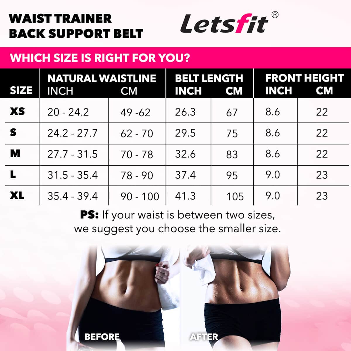 Letsfit Pink Waist Trainer Lumber Support Belt with Measuring Tape - S image number 4