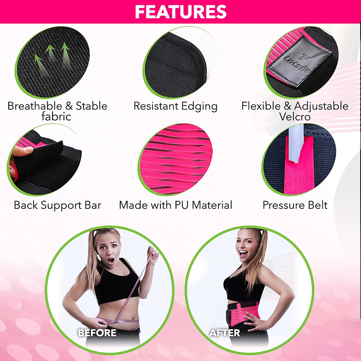 Letsfit Pink Waist Trainer Lumber Support Belt with Measuring Tape - XL image number 2