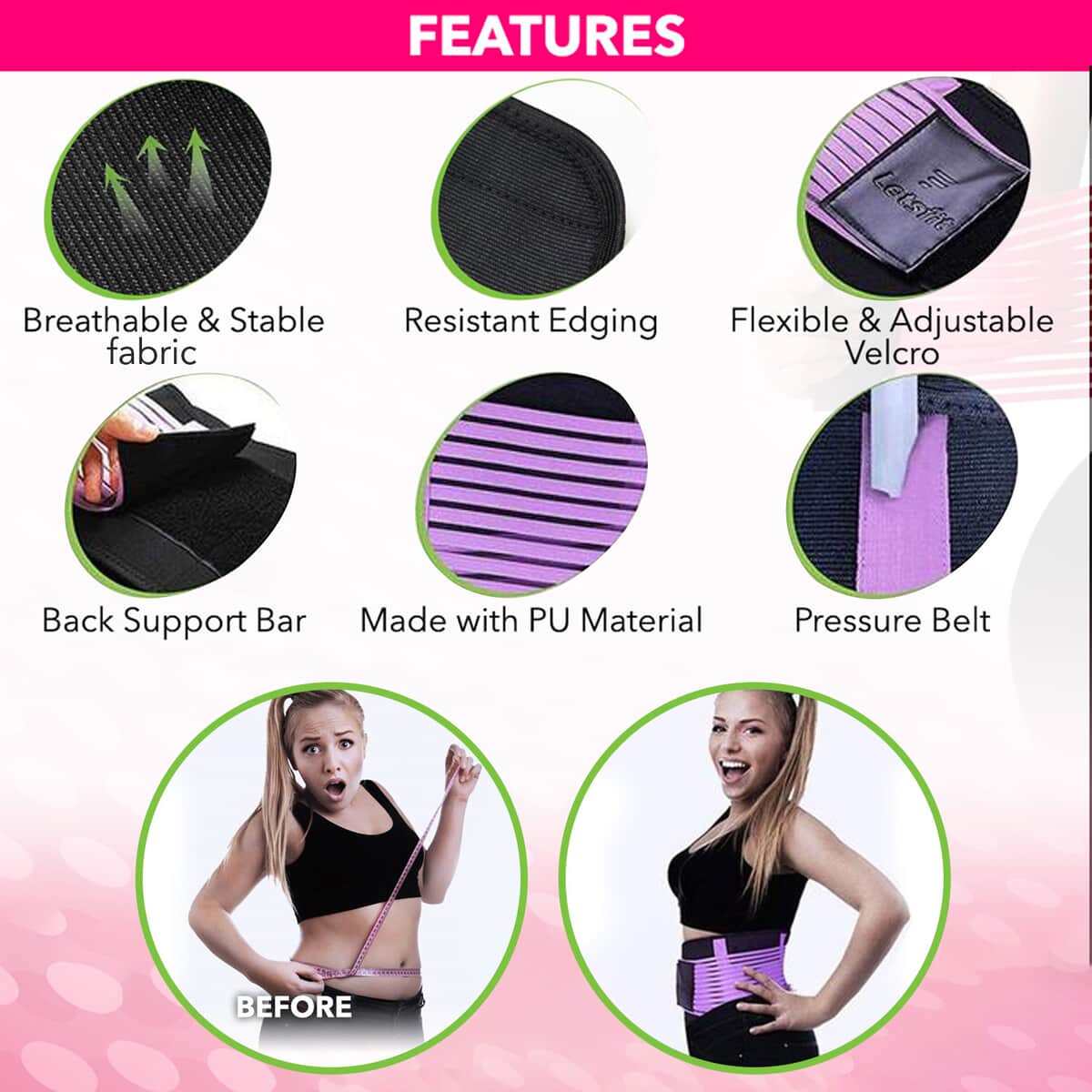 Letsfit Purple Waist Trainer Lumber Support Belt with Measuring Tape - M image number 2