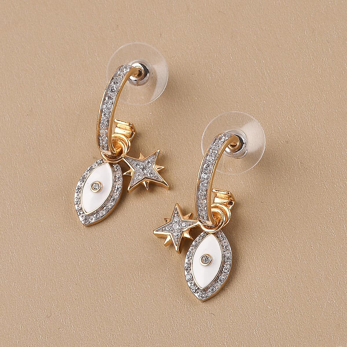 White Zircon Star Burst and Evil Eye Protector Interchangeable Charms Earrings in Vermeil Yellow Gold Over Sterling Silver 0.85 ctw image number 1