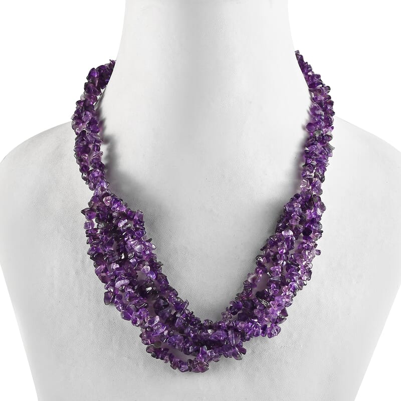 Amethyst Chips Multi Row Necklace 20 Inches in Sterling Silver 299.00 ctw