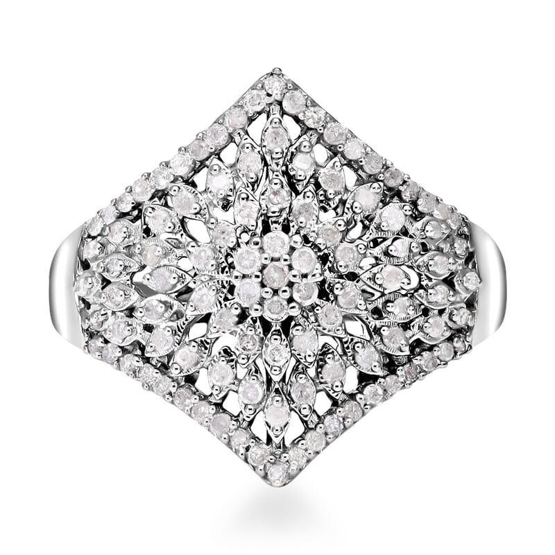 Diamond Floral Ring in Platinum Over Sterling Silver (Size 10.0) 0.50 ctw
