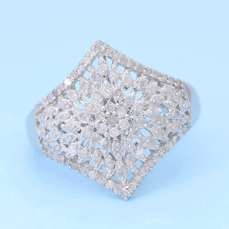 Diamond Floral Ring in Platinum Over Sterling Silver (Size 10.0) 0.50 ctw