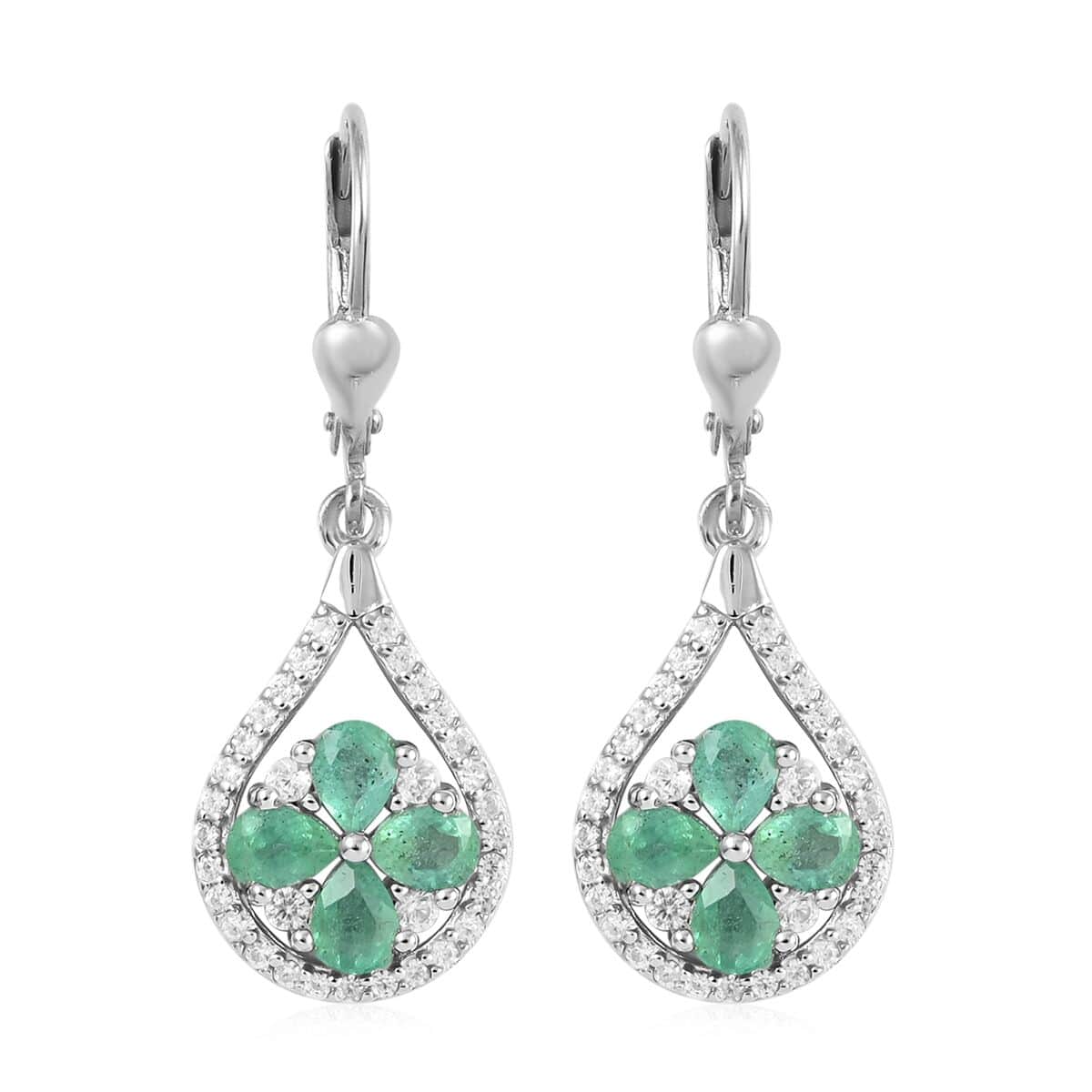AAA Kagem Zambian Intense Green Emerald and Natural White Zircon Flower Inspired Earrings in Rhodium Over Sterling Silver 1.70 ctw image number 0