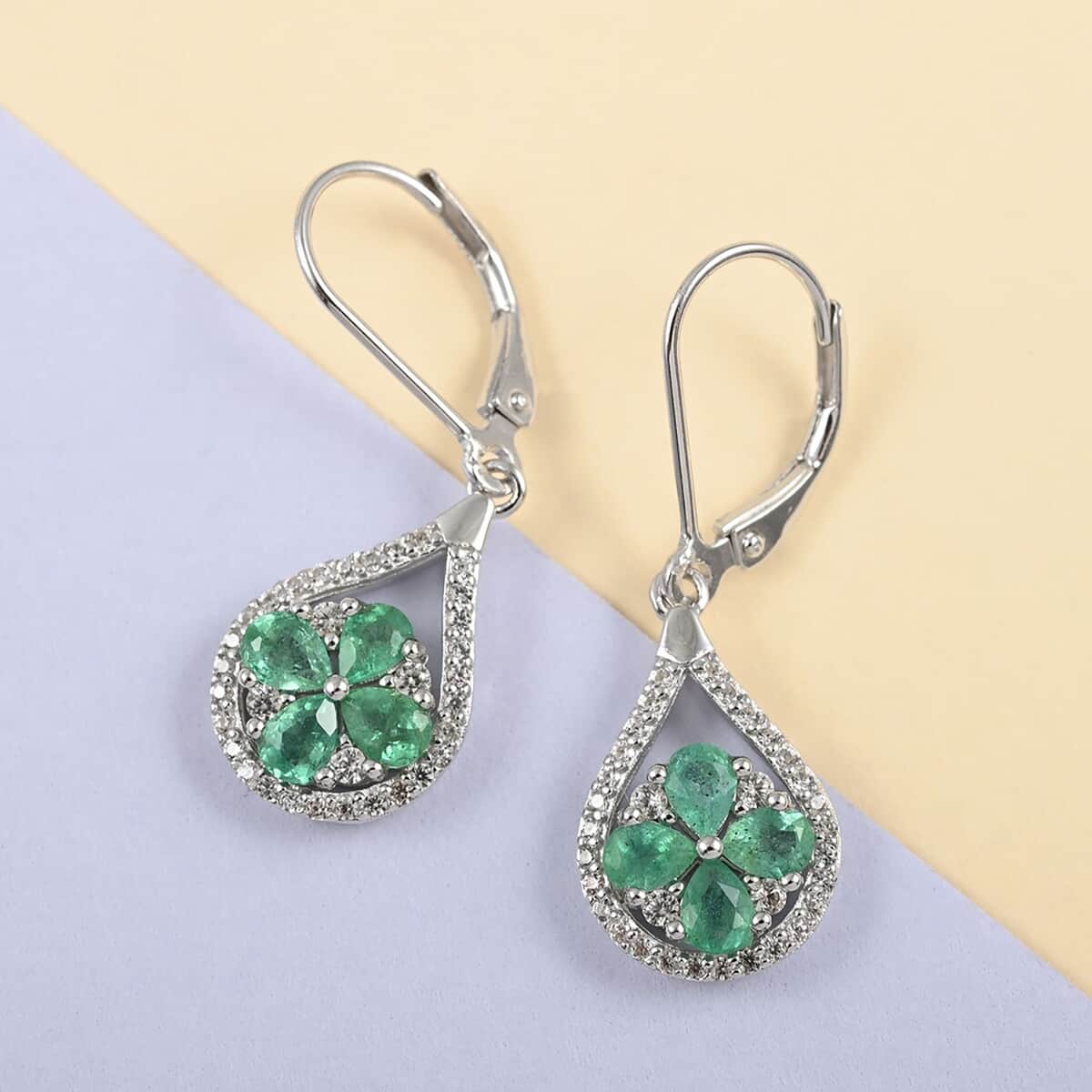 AAA Kagem Zambian Intense Green Emerald and Natural White Zircon Flower Inspired Earrings in Rhodium Over Sterling Silver 1.70 ctw image number 1