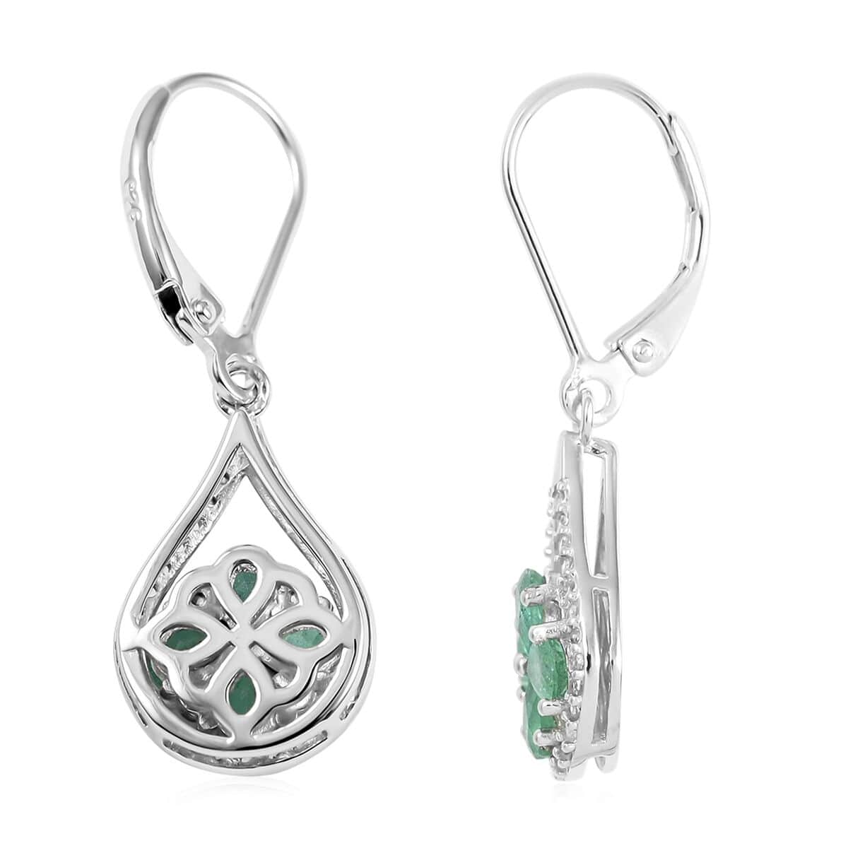 AAA Kagem Zambian Intense Green Emerald and Natural White Zircon Flower Inspired Earrings in Rhodium Over Sterling Silver 1.70 ctw image number 3