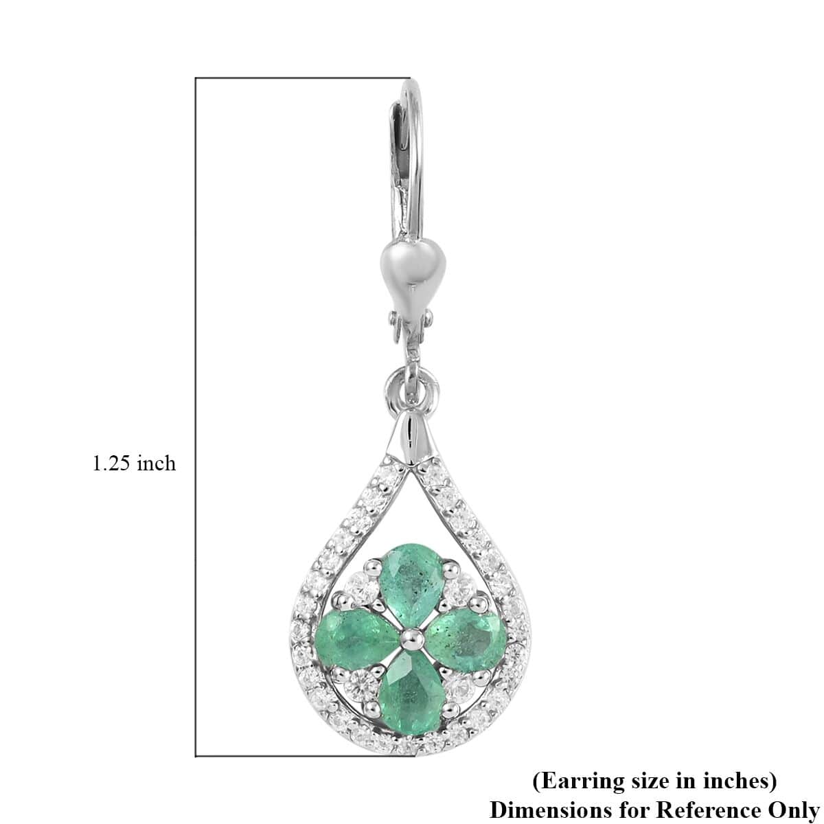AAA Kagem Zambian Intense Green Emerald and Natural White Zircon Flower Inspired Earrings in Rhodium Over Sterling Silver 1.70 ctw image number 4