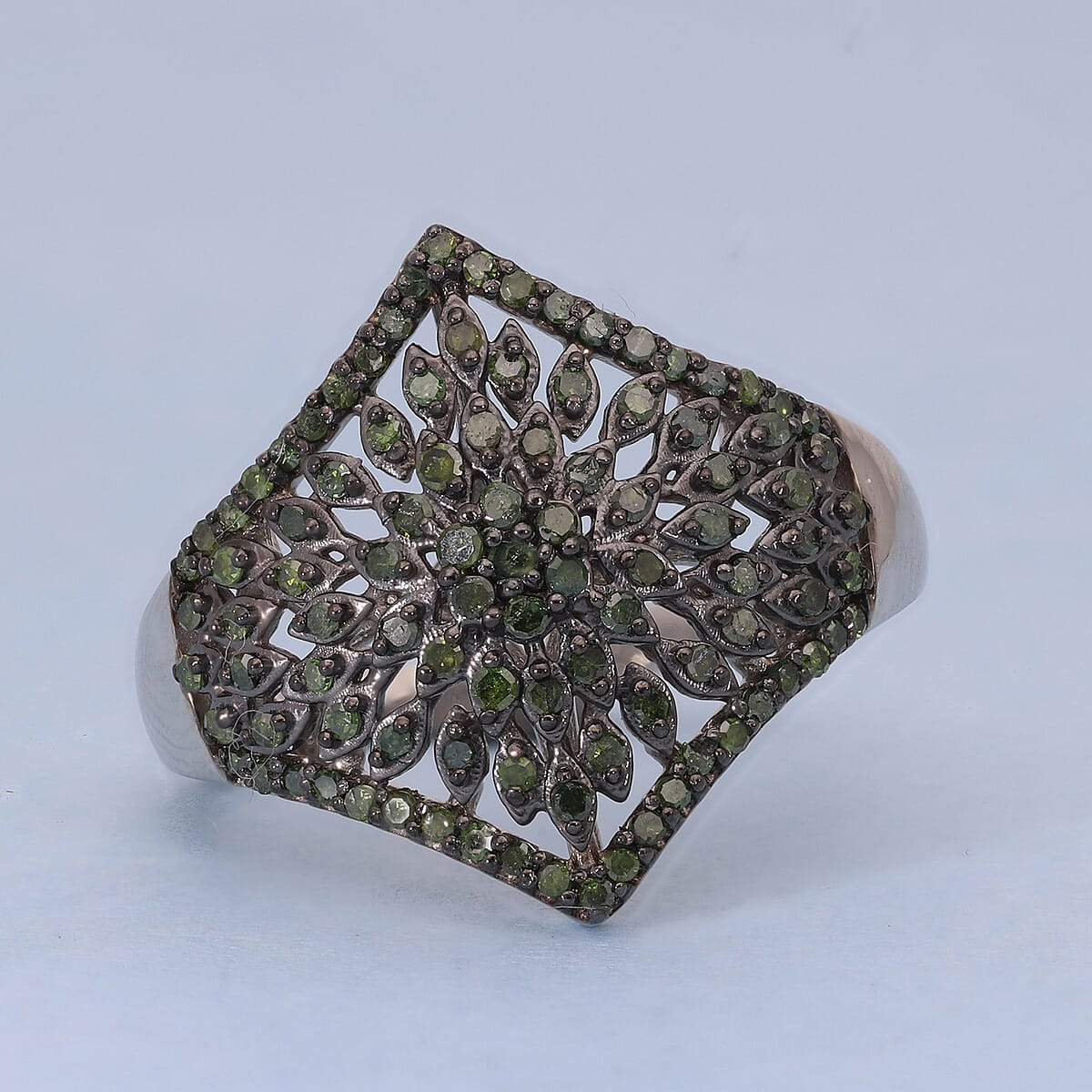 Green Diamond Floral Ring in Rhodium and Platinum Over Sterling Silver (Size 7.0) 0.50 ctw image number 1