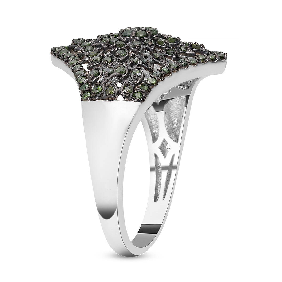 Green Diamond Floral Ring in Rhodium and Platinum Over Sterling Silver (Size 7.0) 0.50 ctw image number 3