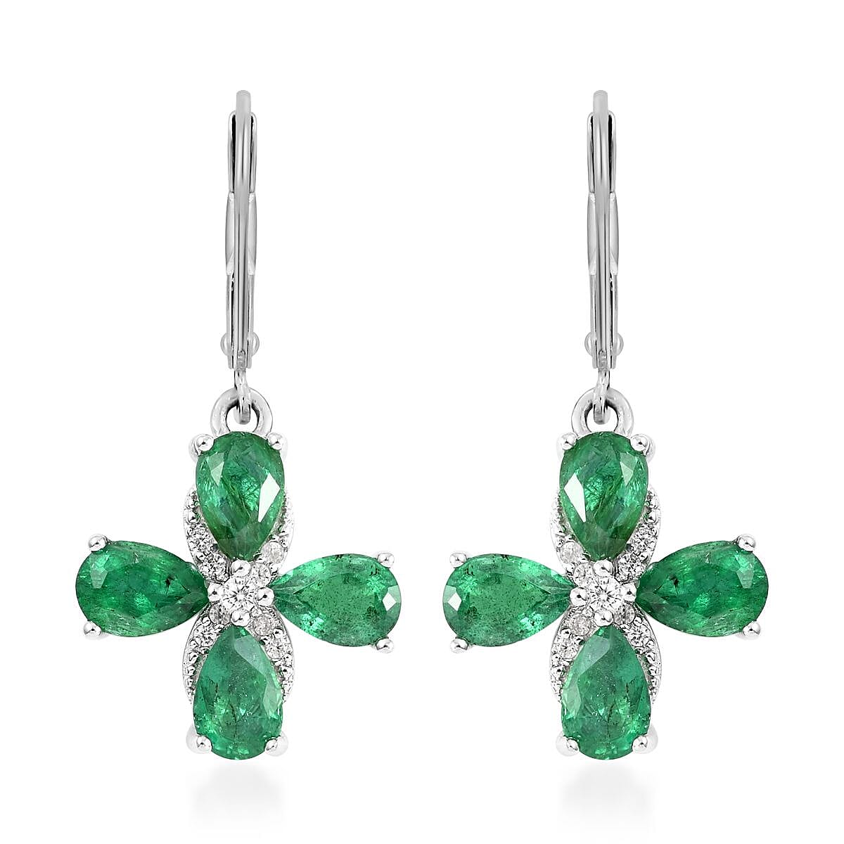 AAA Kagem Emerald and White Zircon Lever Back Earrings in Rhodium Over Sterling Silver 3.00 ctw image number 0
