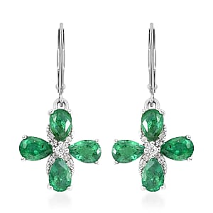 AAA Kagem Emerald and White Zircon Lever Back Earrings in Rhodium Over Sterling Silver 3.00 ctw