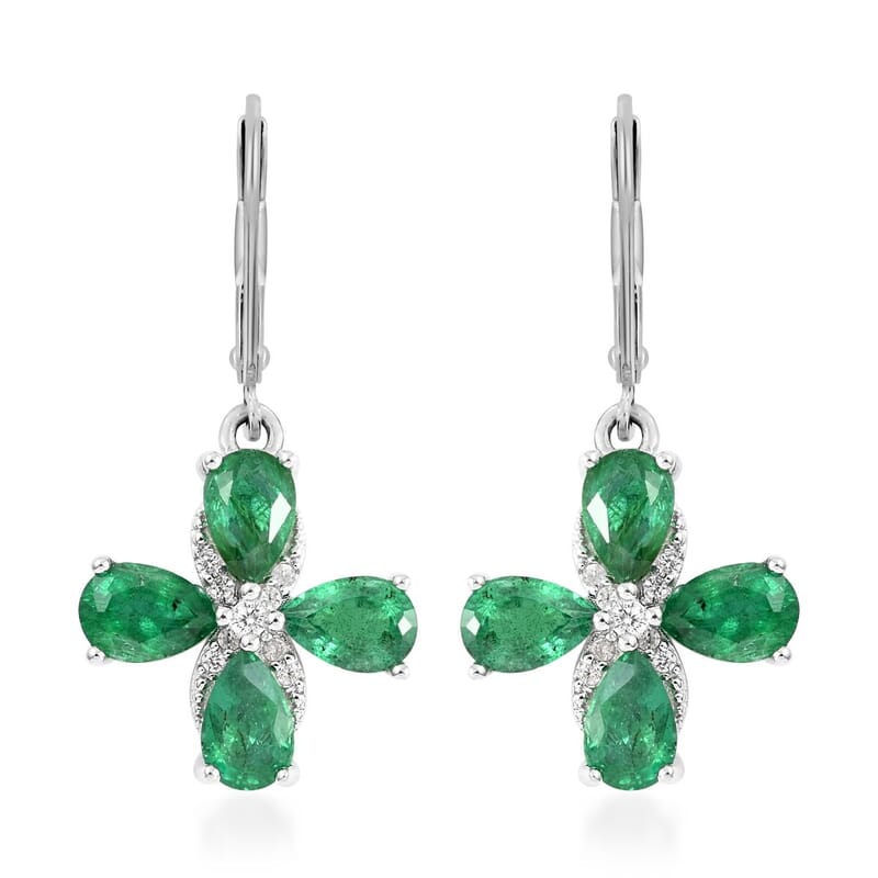 AAA Kagem Emerald and White Zircon Lever Back Earrings in Rhodium Over Sterling Silver 3.00 ctw