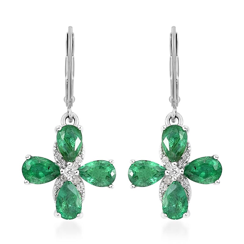 AAA Kagem Emerald and White Zircon Lever Back Earrings in Rhodium Over Sterling Silver 3.00 ctw