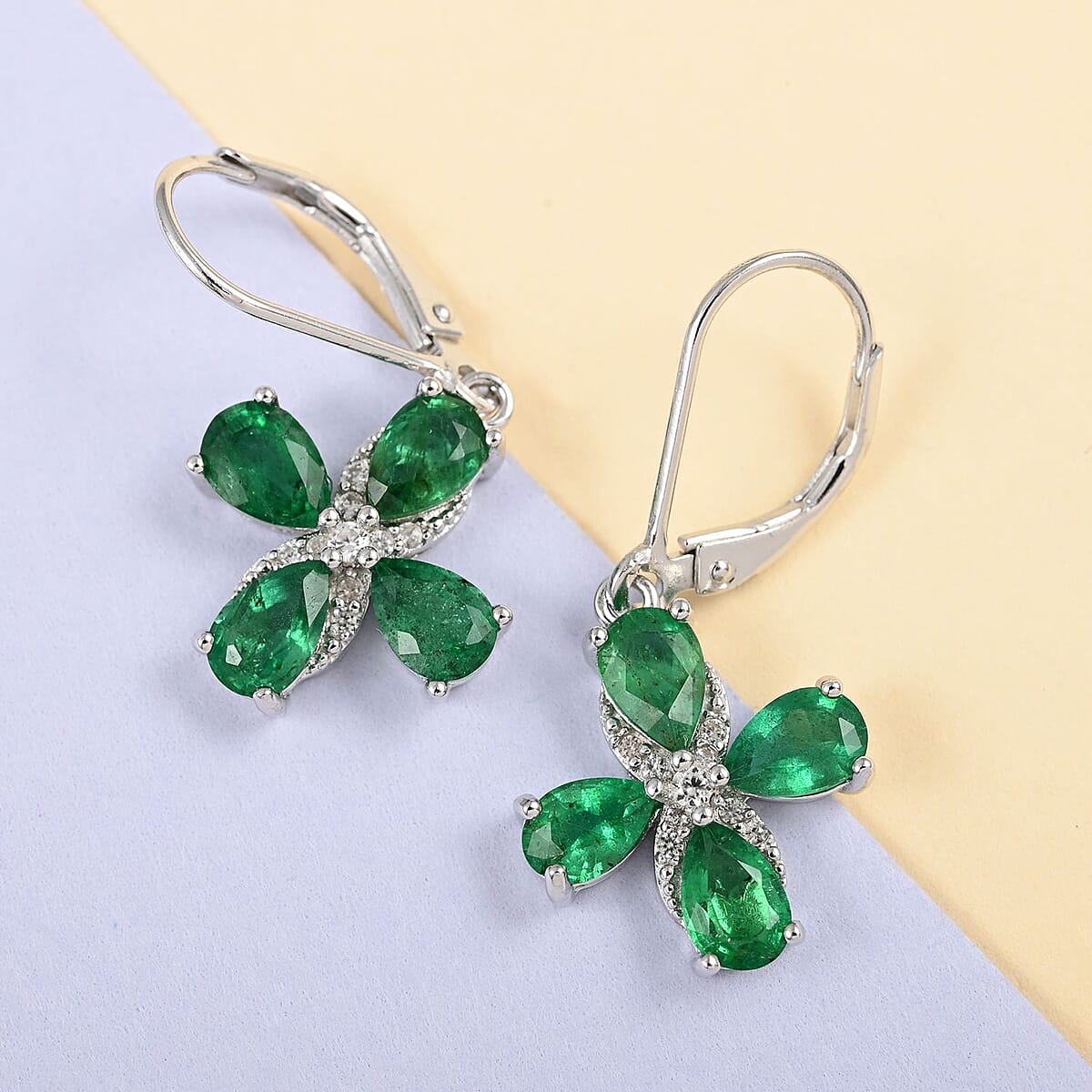 AAA Kagem Emerald and White Zircon Lever Back Earrings in Rhodium Over Sterling Silver 3.00 ctw image number 1