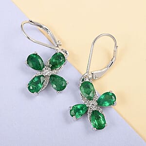 AAA Kagem Emerald and White Zircon Lever Back Earrings in Rhodium Over Sterling Silver 3.00 ctw