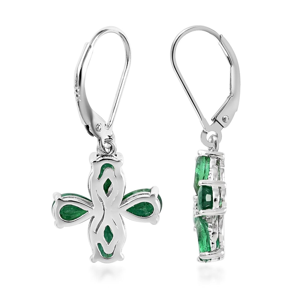 AAA Kagem Emerald and White Zircon Lever Back Earrings in Rhodium Over Sterling Silver 3.00 ctw image number 3