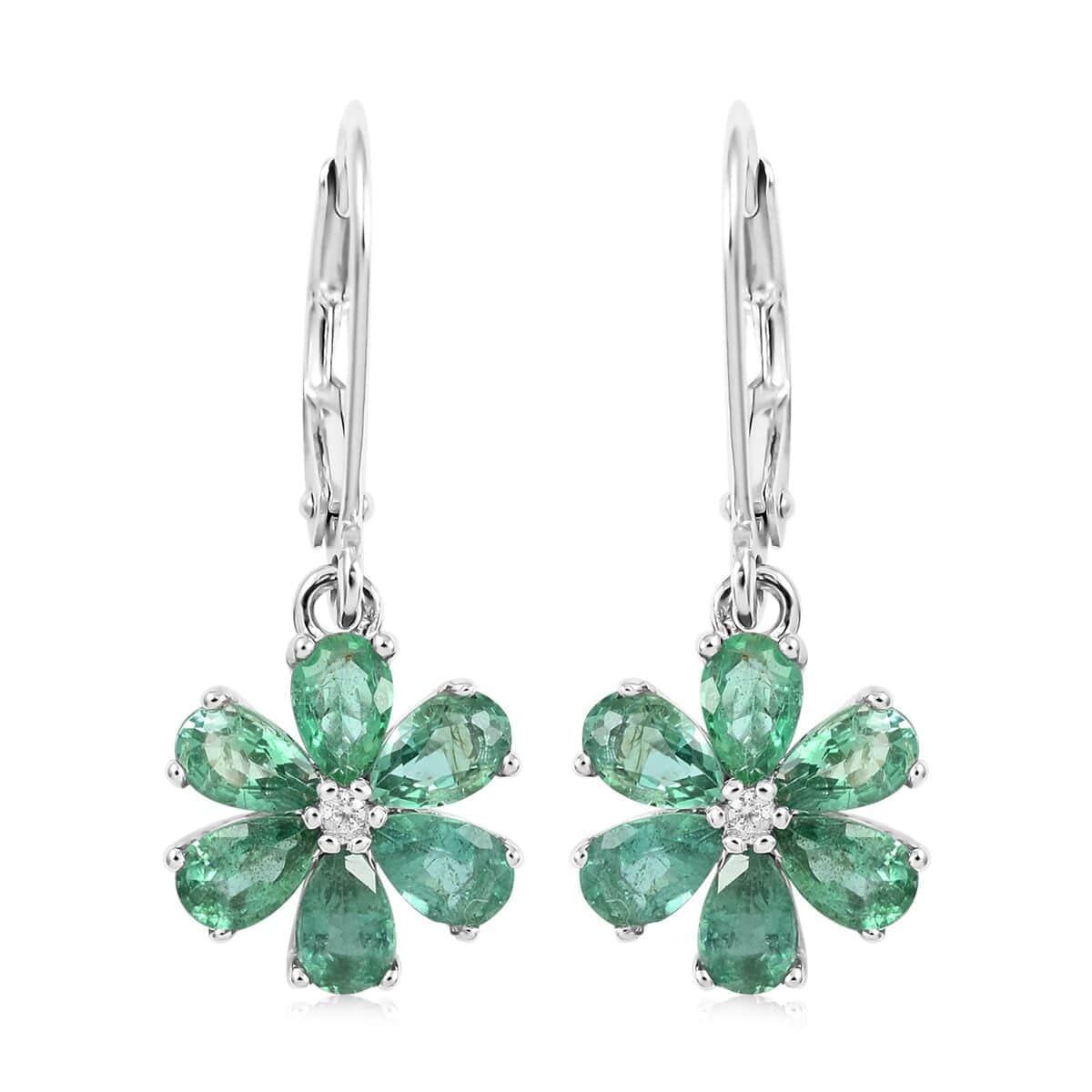AAA Kagem Emerald and White Zircon Flower Earrings in Rhodium Over Sterling Silver 2.30 ctw image number 0