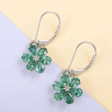 AAA Kagem Emerald and White Zircon Flower Earrings in Rhodium Over Sterling Silver 2.30 ctw image number 1