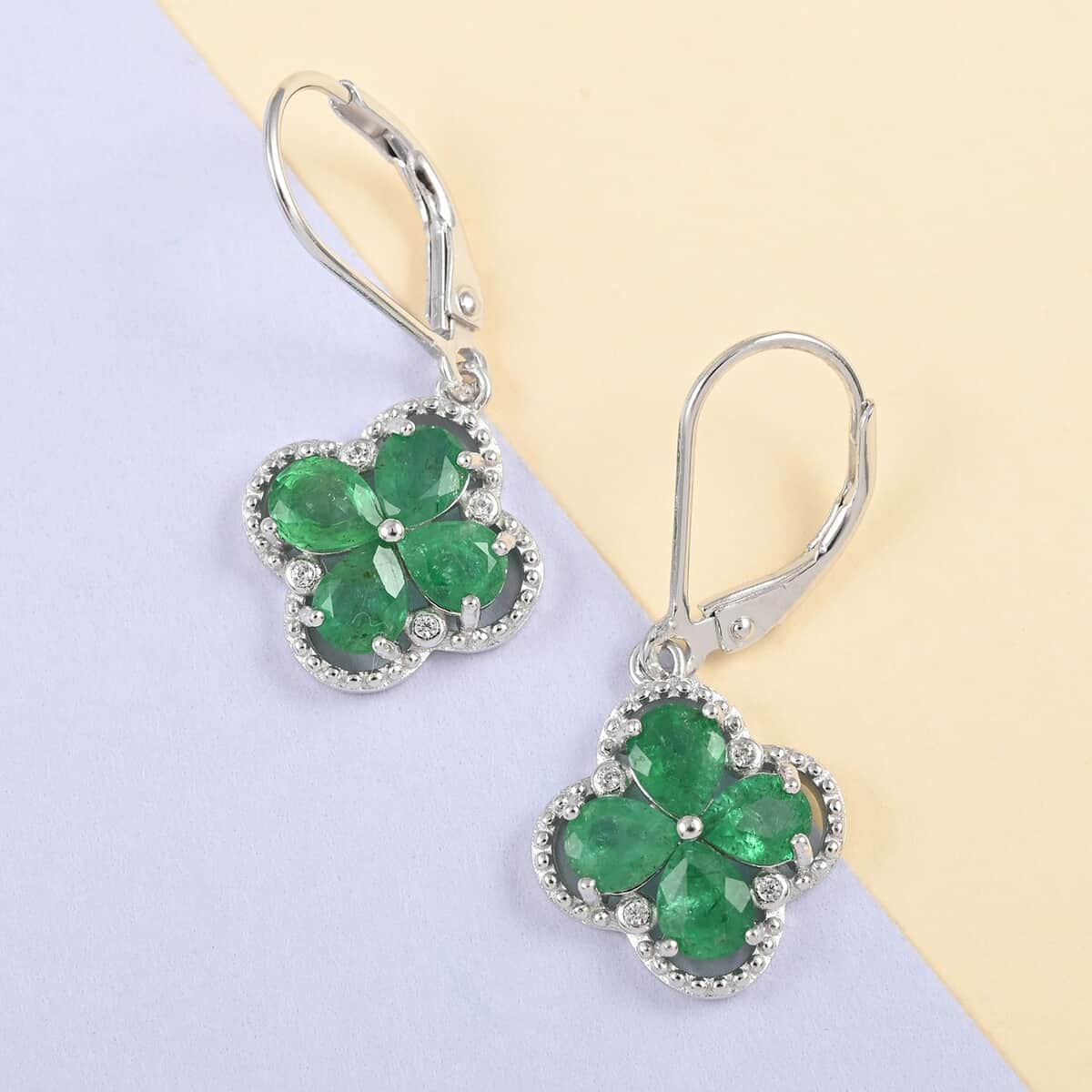 AAA Kagem Emerald and White Zircon Hoop Earrings in Rhodium Over Sterling Silver 2.25 ctw image number 1