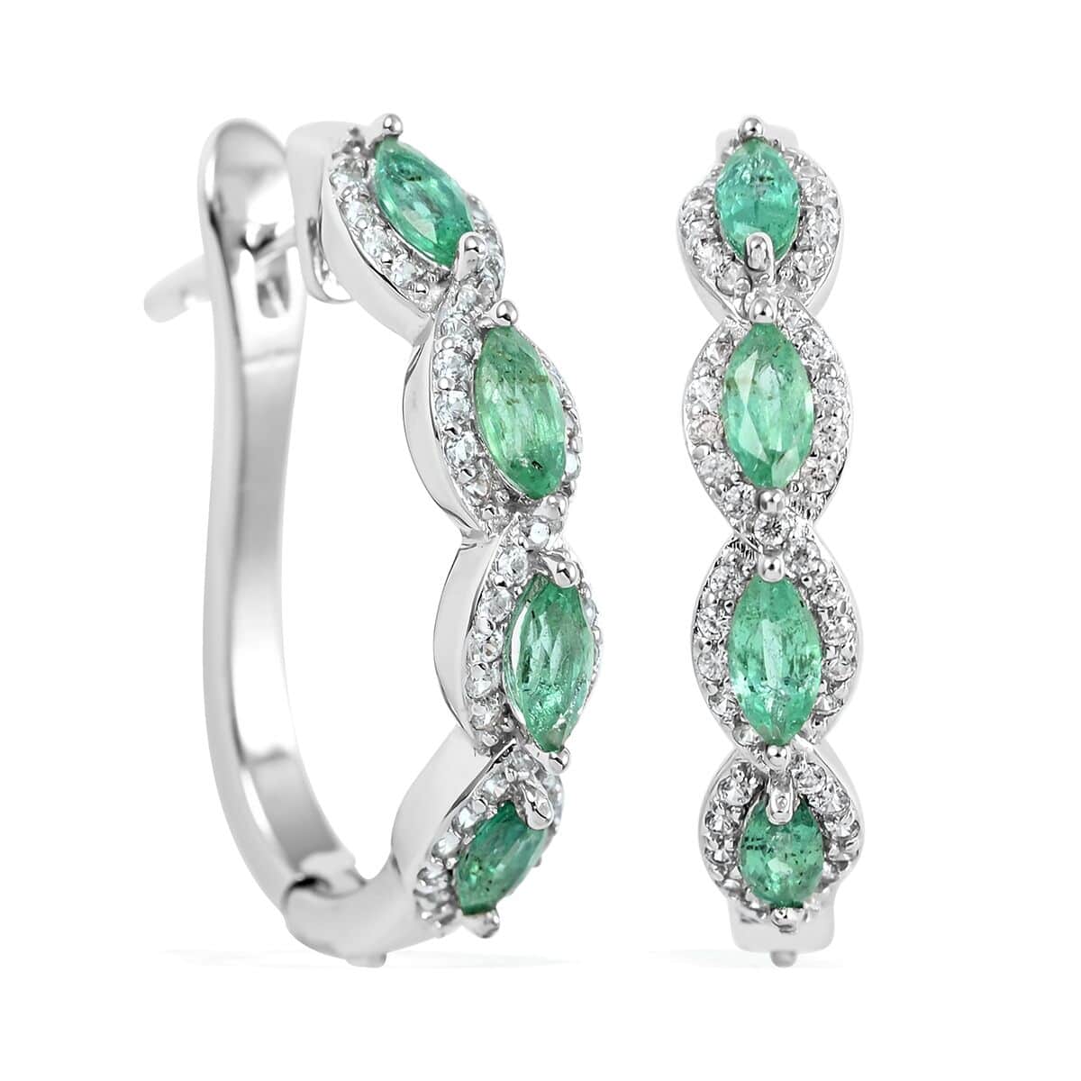AAA Kagem Zambian Intense Green Emerald and Natural White Zircon Hoop Earrings in Rhodium Over Sterling Silver 1.60 ctw image number 0