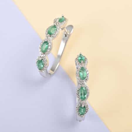 AAA Kagem Zambian Intense Green Emerald and Natural White Zircon Hoop Earrings in Rhodium Over Sterling Silver 1.60 ctw image number 1