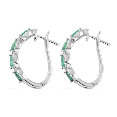 AAA Kagem Zambian Intense Green Emerald and Natural White Zircon Hoop Earrings in Rhodium Over Sterling Silver 1.60 ctw image number 3