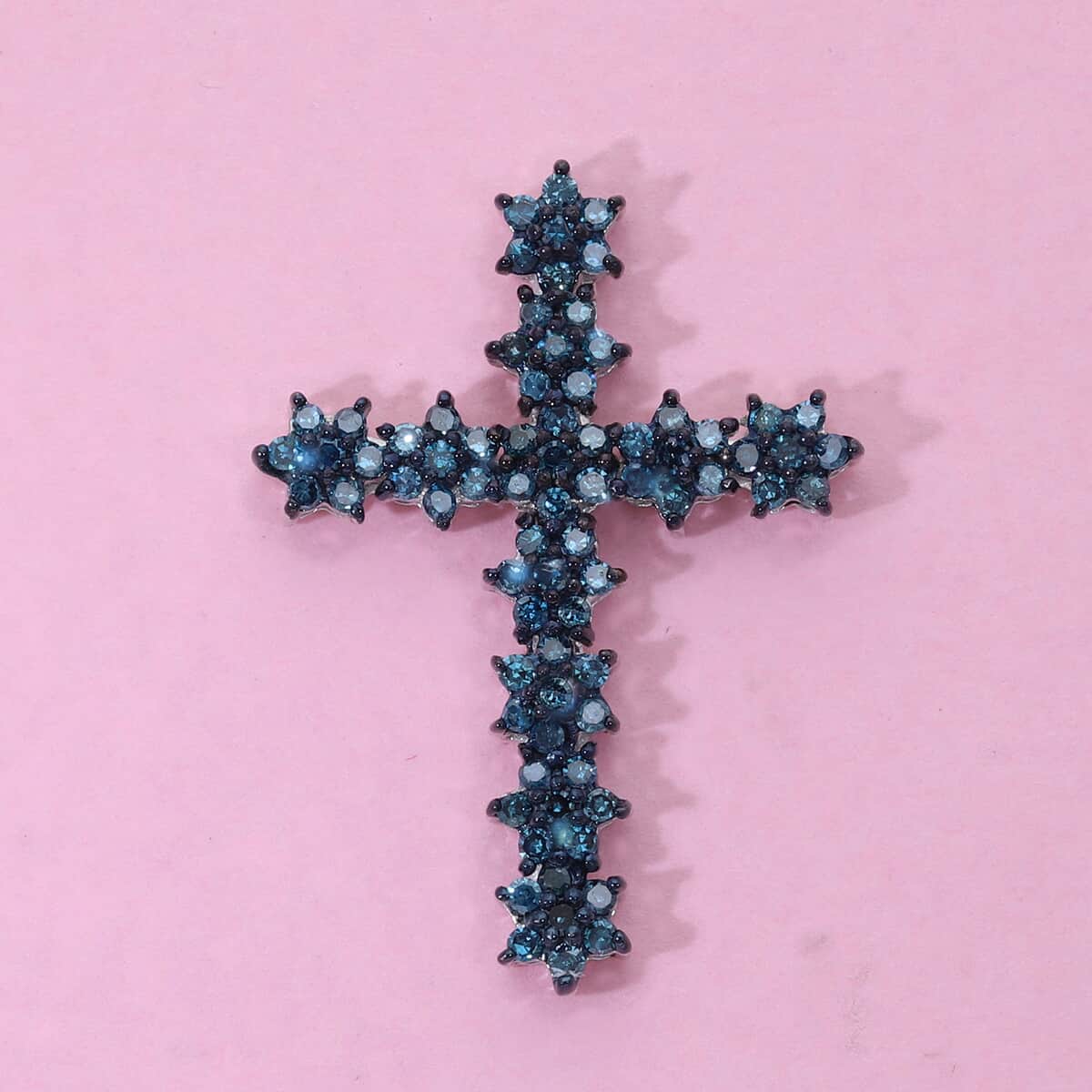 Blue Diamond Cross Pendant in Rhodium and Platinum Over Sterling Silver 0.50 ctw image number 1
