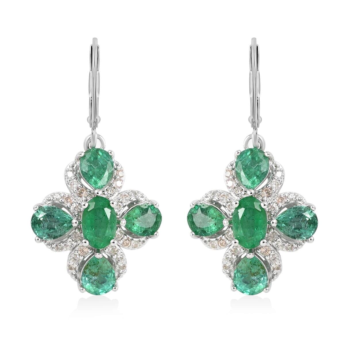 AAA Kagem Emerald and White Zircon Lever Back Earrings in Rhodium Over Sterling Silver 3.60 ctw image number 0