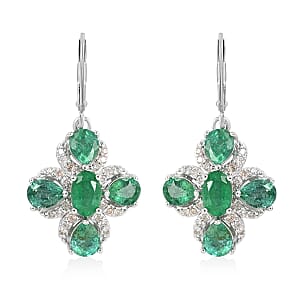 AAA Kagem Emerald and White Zircon Lever Back Earrings in Rhodium Over Sterling Silver 3.60 ctw