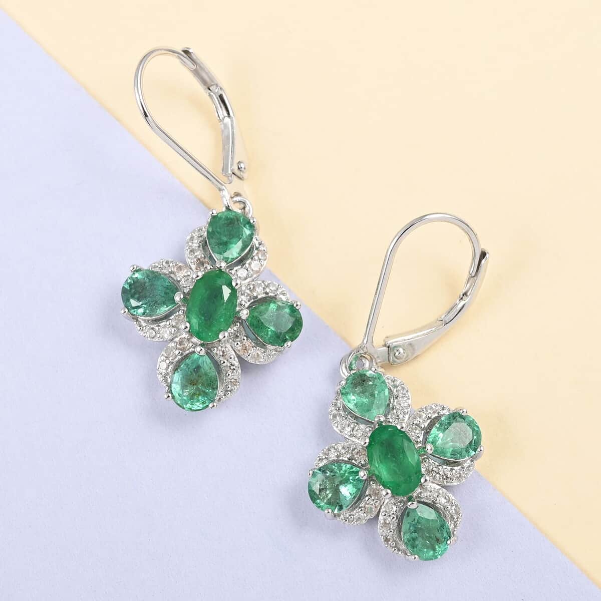 AAA Kagem Emerald and White Zircon Lever Back Earrings in Rhodium Over Sterling Silver 3.60 ctw image number 1