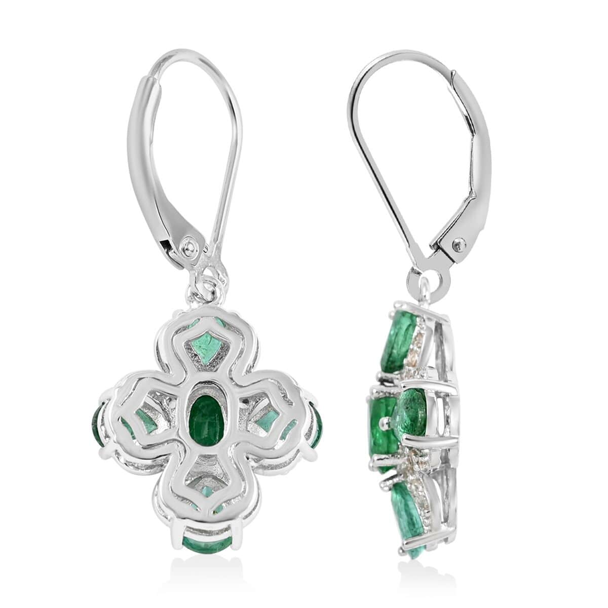 AAA Kagem Emerald and White Zircon Lever Back Earrings in Rhodium Over Sterling Silver 3.60 ctw image number 3