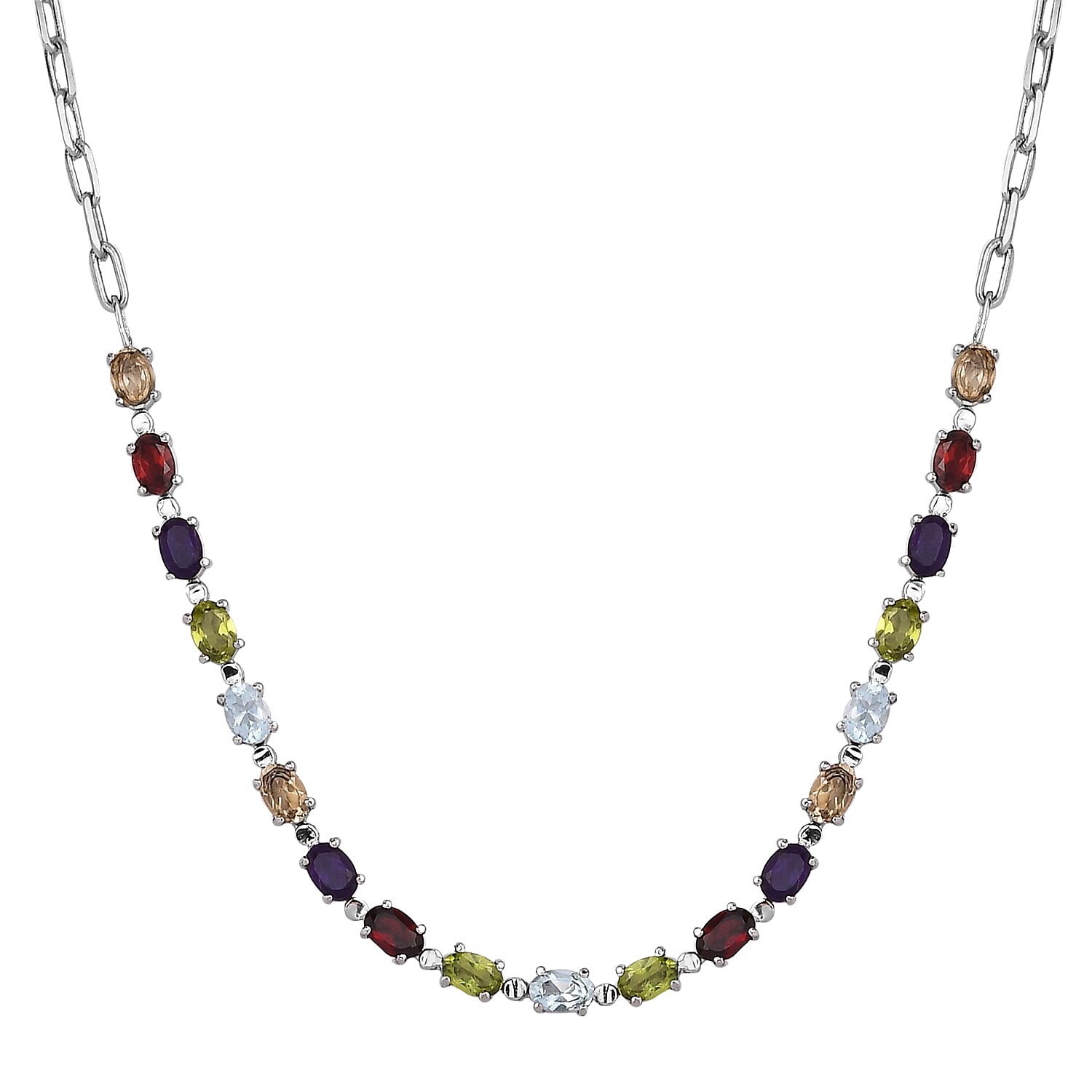Multi Gemstone 9.50 ctw Necklace (18 Inches) in Platinum Bond and Stainless Steel