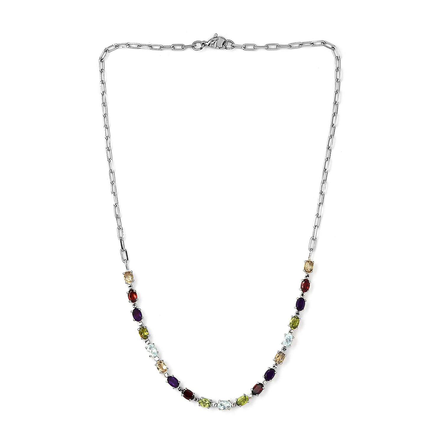 Multi Gemstone 9.50 ctw Necklace (18 Inches) in Platinum Bond and Stainless Steel