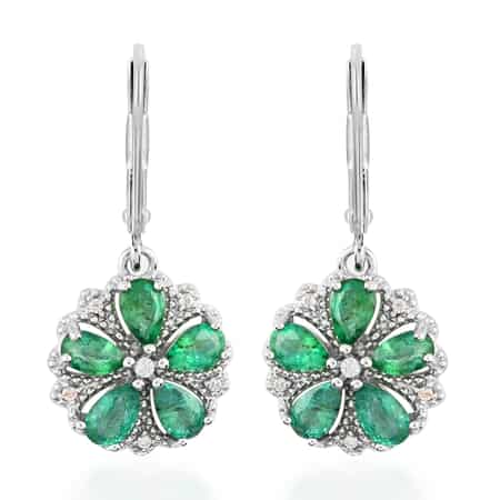AAA Kagem Emerald and White Zircon Floral Earrings in Rhodium Over Sterling Silver 2.10 ctw image number 0