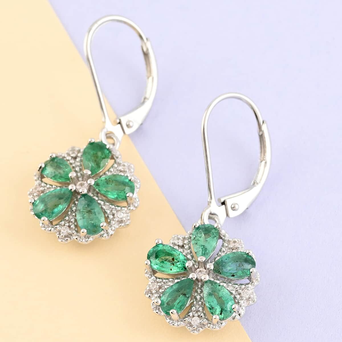 AAA Kagem Emerald and White Zircon Floral Earrings in Rhodium Over Sterling Silver 2.10 ctw image number 1