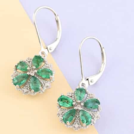 AAA Kagem Emerald and White Zircon Floral Earrings in Rhodium Over Sterling Silver 2.10 ctw image number 1