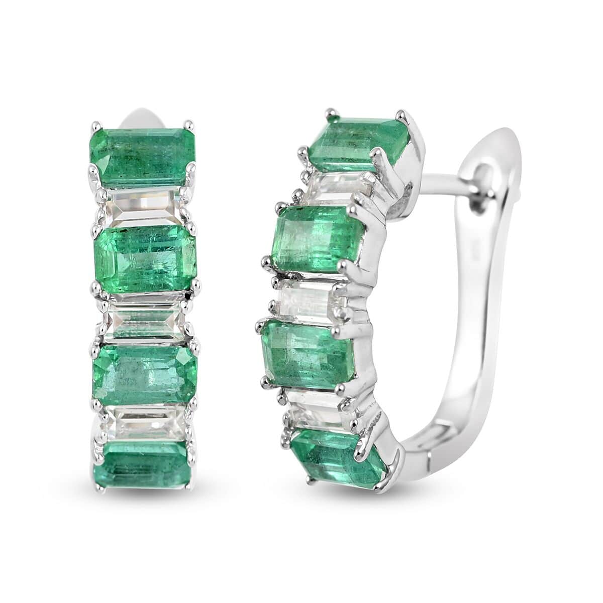 AAA Kagem Emerald and Natural White Zircon Huggie Hoop Earrings in Rhodium Over Sterling Silver 3.15 ctw image number 0