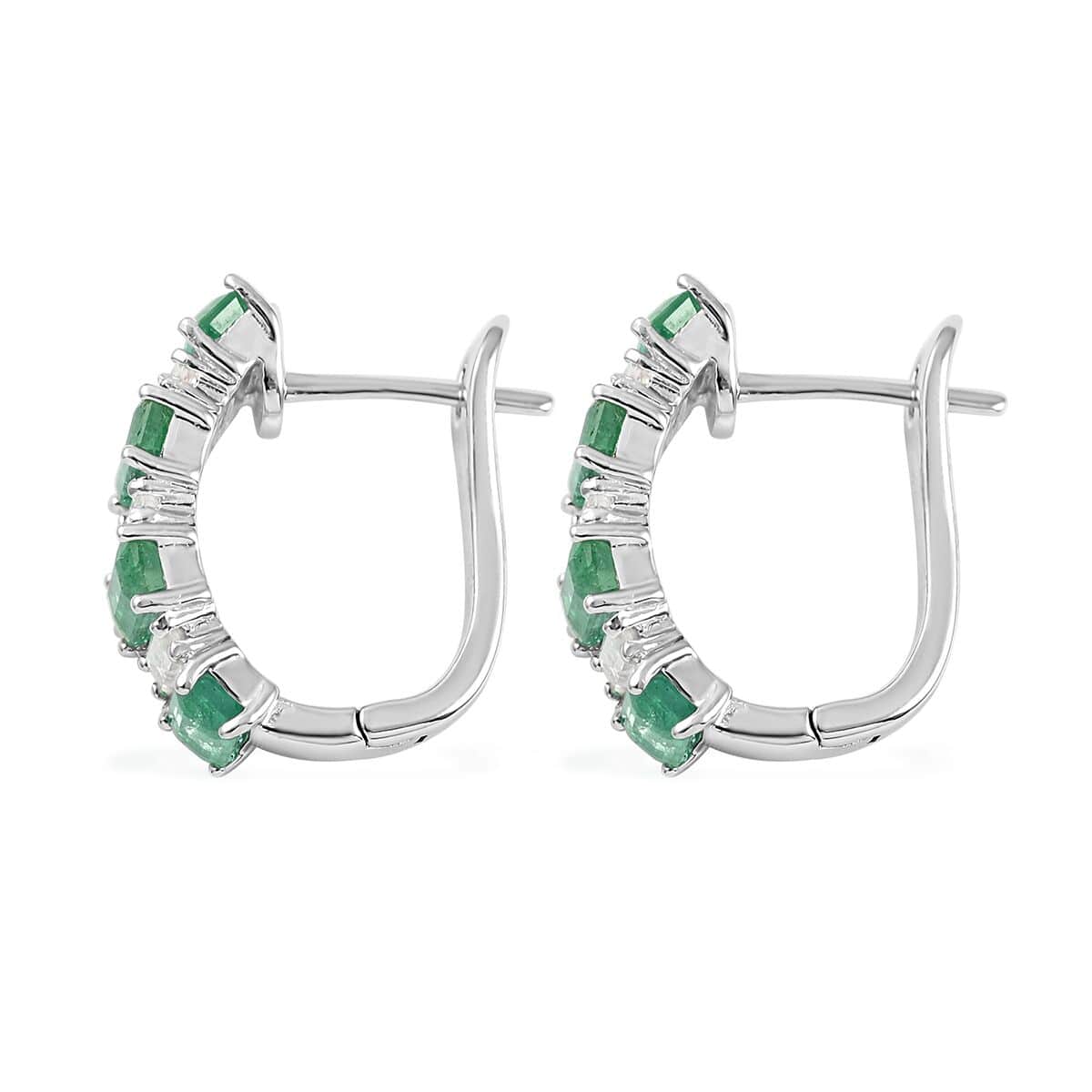 AAA Kagem Emerald and Natural White Zircon Huggie Hoop Earrings in Rhodium Over Sterling Silver 3.15 ctw image number 3
