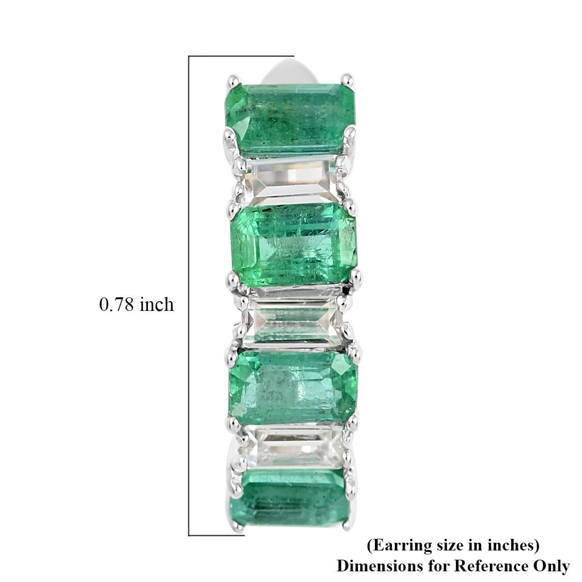 AAA Kagem Emerald and Natural White Zircon Huggie Hoop Earrings in Rhodium Over Sterling Silver 3.15 ctw image number 4