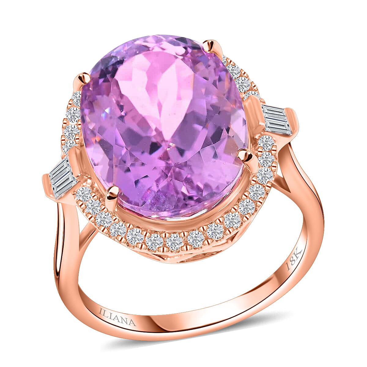 Certified and Appraised ILIANA 18K Rose Gold AAA Patroke Kunzite and G-H SI Diamond Halo Ring 5.40 Grams 12.65 ctw image number 0